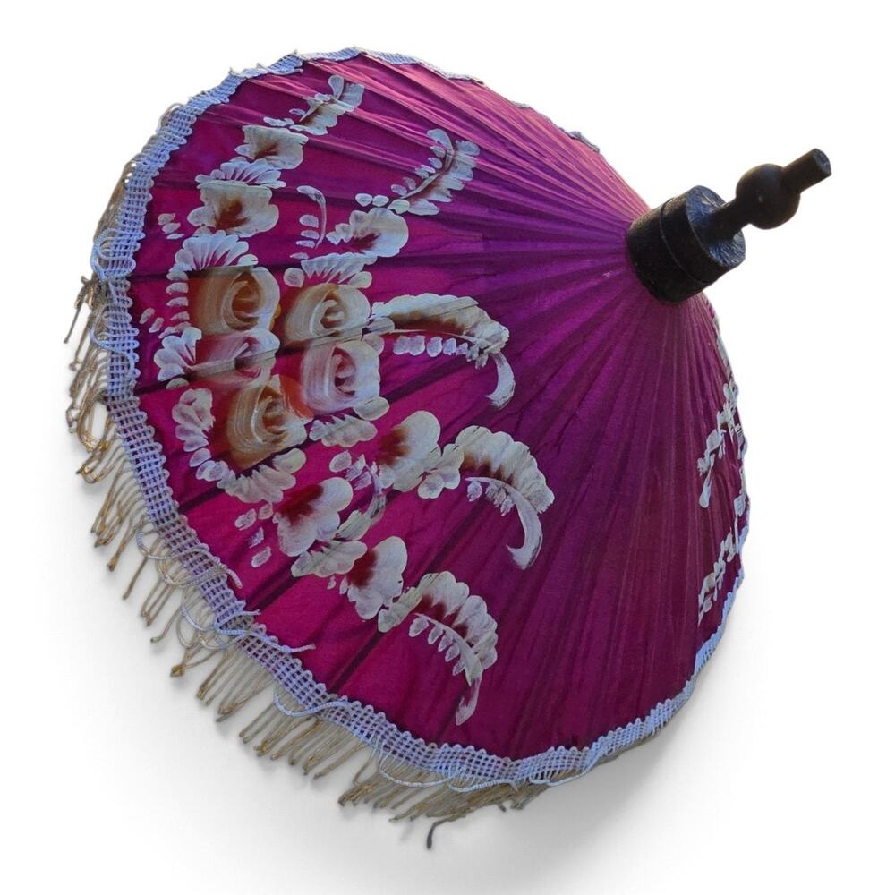 Vintage 1950s Pink Asian Paper Parasol Hand Painted Floral Bamboo White Fringe